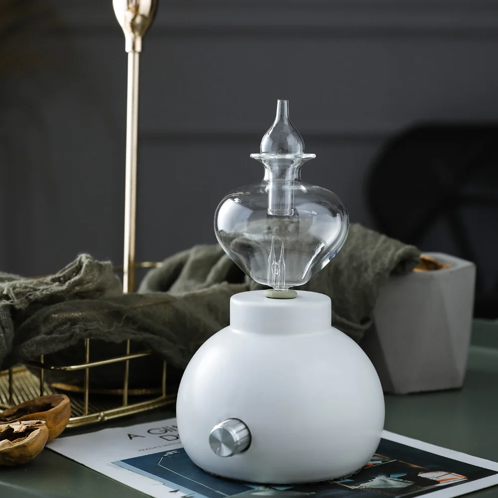 

European White Home Ceramic Glass Aromatherapy Pure Essential Oils Diffuser Air Fog Nebulizer Humidifier with LED for Badroom