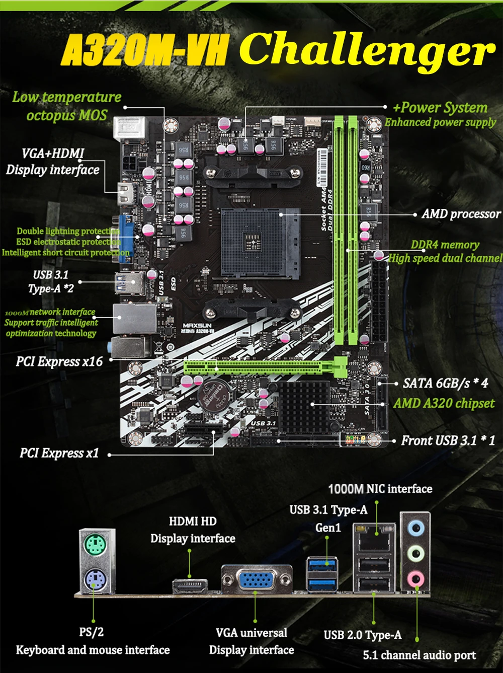 MAXSUN am4 Challenger a320m-vh R2.0 AMD Материнская плата mATX двухканальная DDR4 1000M LAN SATA3.0 USB3.1 VGA HDMI 5 фазный mainb