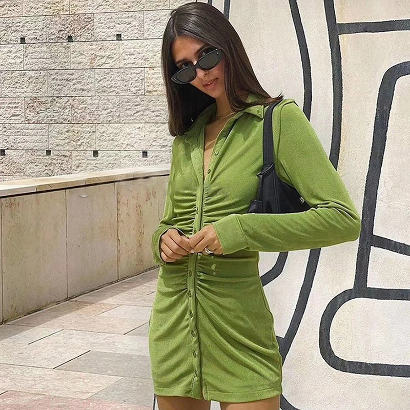 

2021 Fall Breasted Long Sleeve Mini Dresses Turn-down Collar Pure Color Dress Streetwear Cardigan Shirt Dress