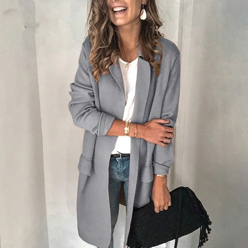 

Office Lady Autumn Solid Color Long Sleeve Lapel Collar Pockets Decor Slim Fit Blazer Laides Jacket Pull Femme Novelty 2021