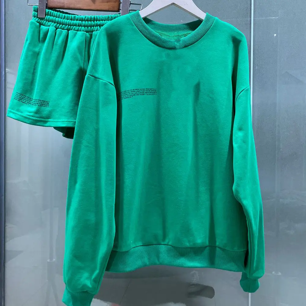 2021 High end Women's Cloth Cotton Long Sleeve Sweatshirt Shorts 2 two piece set Solid color Round Neck Pullovers Short Sets