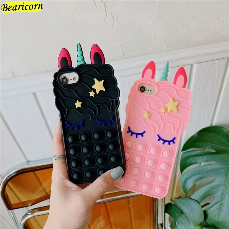 

Pop Fidget Toys Push Bubble Silicone Beans Case For iPhone 6 6s 7 8 Plus X XR XS 12 mini 11 Pro Max 3D Cartoon Unicorn Cover