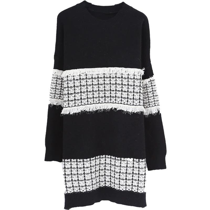 LANMREM 2020 Mid-length Black Sweater Skirt Female Loose Long-sleeved Round Neck Outside The Knee-shoulder Head Spring 19B-a157 | Женская