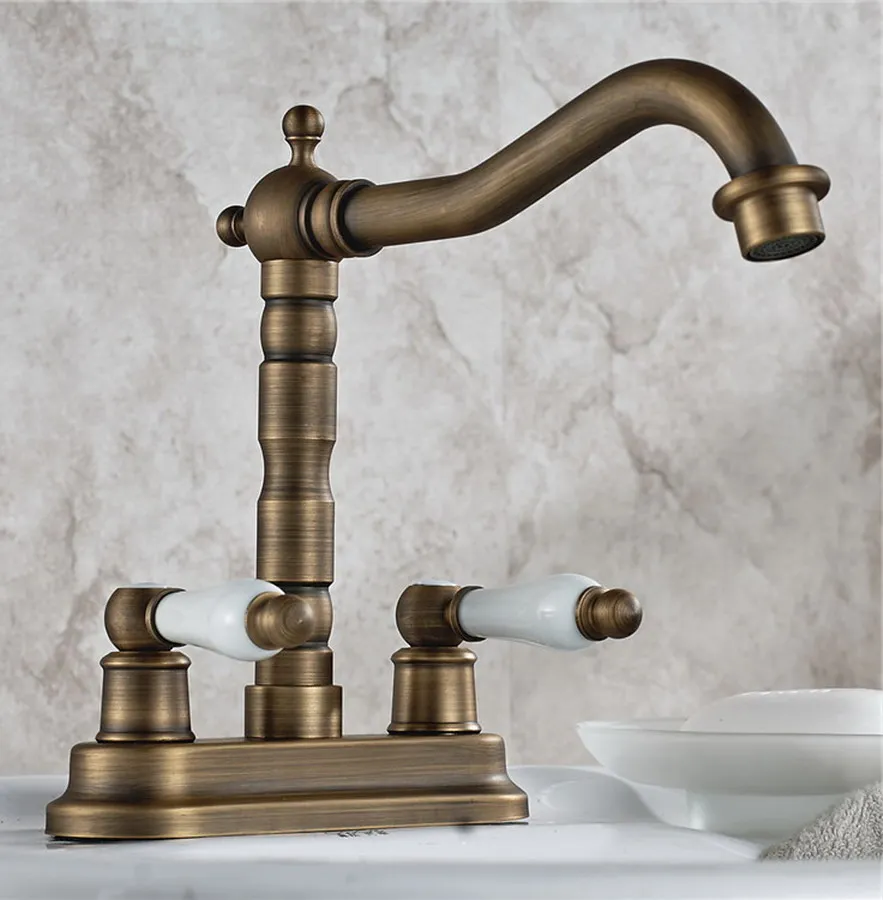 

Antique Brass Double Ceramic Handle 2 Hole 4" Kitchen Bathroom Basin Faucet Sink Hot Cold Mixer Taps Swivel Spout 360' dnf427