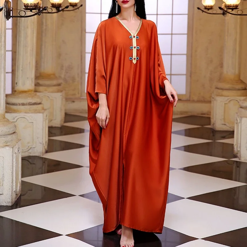Beading Kaften Dress Muslim Women 2021 Summer Autumn New Fashion Orange Loose Casual Bat Sleeve Female Expansion Long Dresses