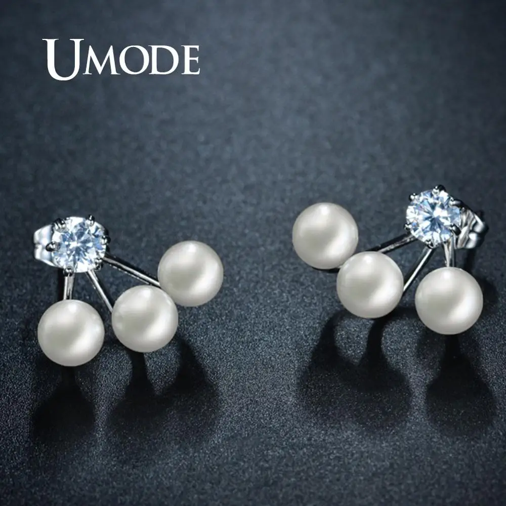 Женские серьги гвоздики с жемчугом UMODE простые из белого золота фианитом