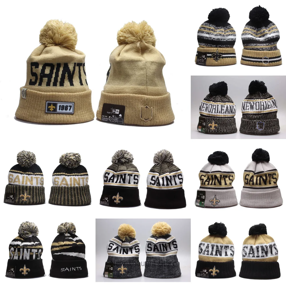 Embroidery New Orleans Knitted Hats Women Men Winter Cap Warm Skiing Stripe Beanies Cuffed Saints Knit Hat With Pom new orleans saints