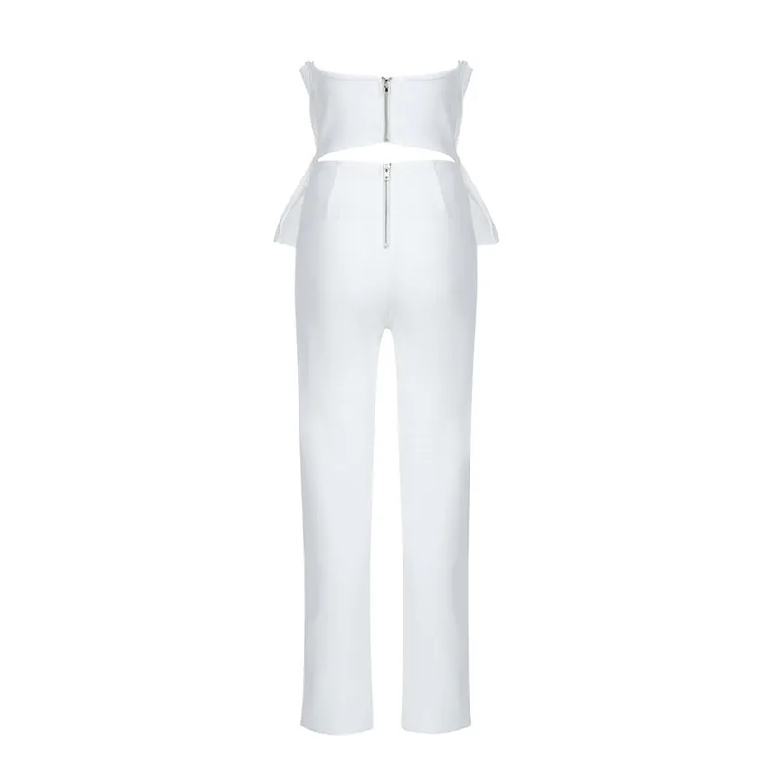 

UKCNSEP 2020 New Arrival White Bandage Jumpsuit Sexy Summer Off Shoulder Ruffle Strapless Bodycon Women Bodysuit Rompers