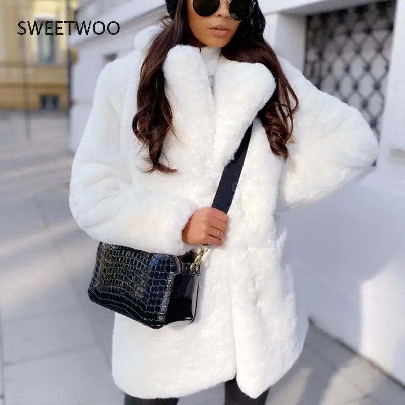 2021 New Women Winter Warm Faux Fur Coat Thick Women Middle -Long Overcoat Turn Down Collar Women Warm Female Casaco Feminino