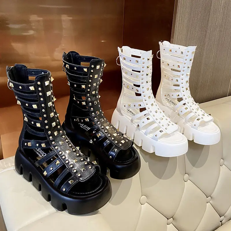 

Roman Sandals for Women 2021 New Fashion All-Match Platform Casual Platform Shoes Rivet Hollow-out Back Zipper Ankle Boots