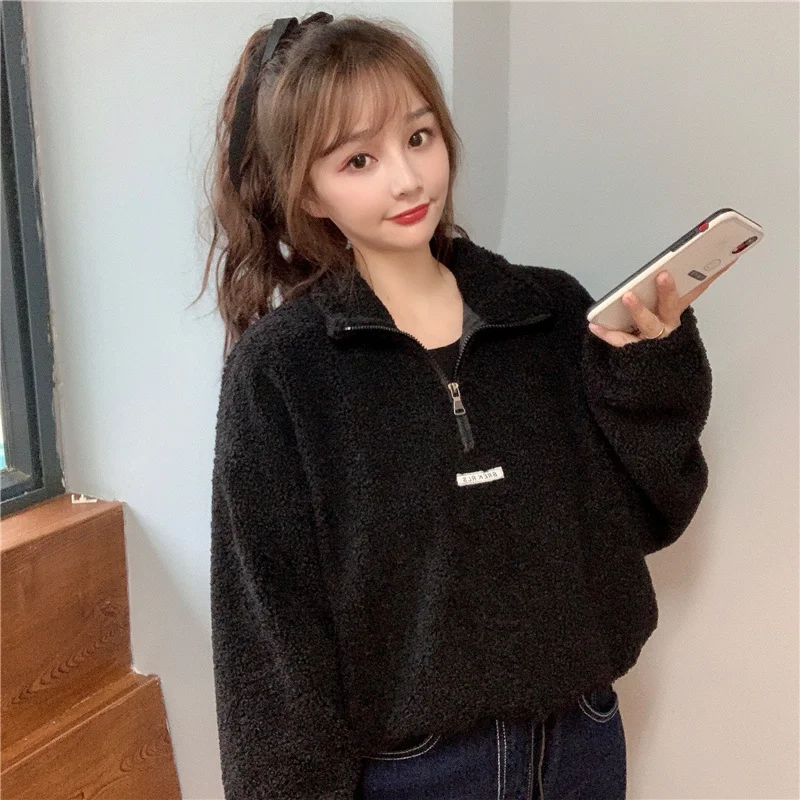 Lamb Wool Short Sweater for Women Winter Loose Korean Style Idle BF Fleece-Lined Thickened Chic Hong Kong Jum | Женская одежда