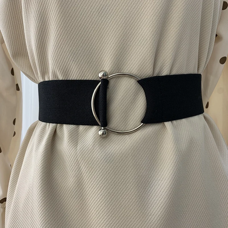 

Belts for Women Black Simple Waist Elastic Ladies Band Round Buckle Decoration Coat Sweater Fashion Dress Rice White