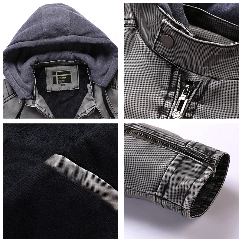 

CHAIFENKO Brand Men's Leather Jacket Winter Fleece Hooded Motorcycle Retro Coat Men Fashion Casual Biker Faux Leather Jacket Men