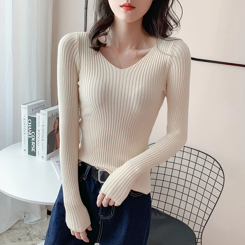 

Women's Sweaters Knitted Cotton Tops for Women Long Sleeve Slimming Clothing Women Fashion Pink V-neck Sweater Female Basic Tops