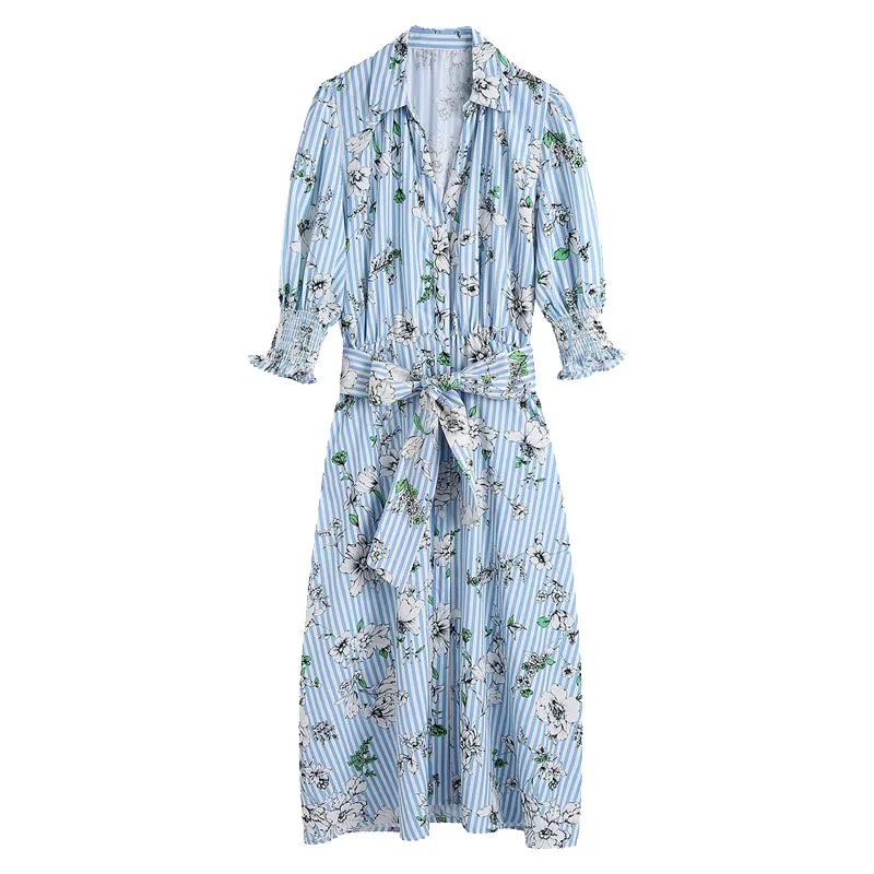 

2021 New Women Chic Fashion With Belt Floral Print Midi Shirt Dress Vintage Short Sleeve Button-up Female Dresses Vestidos