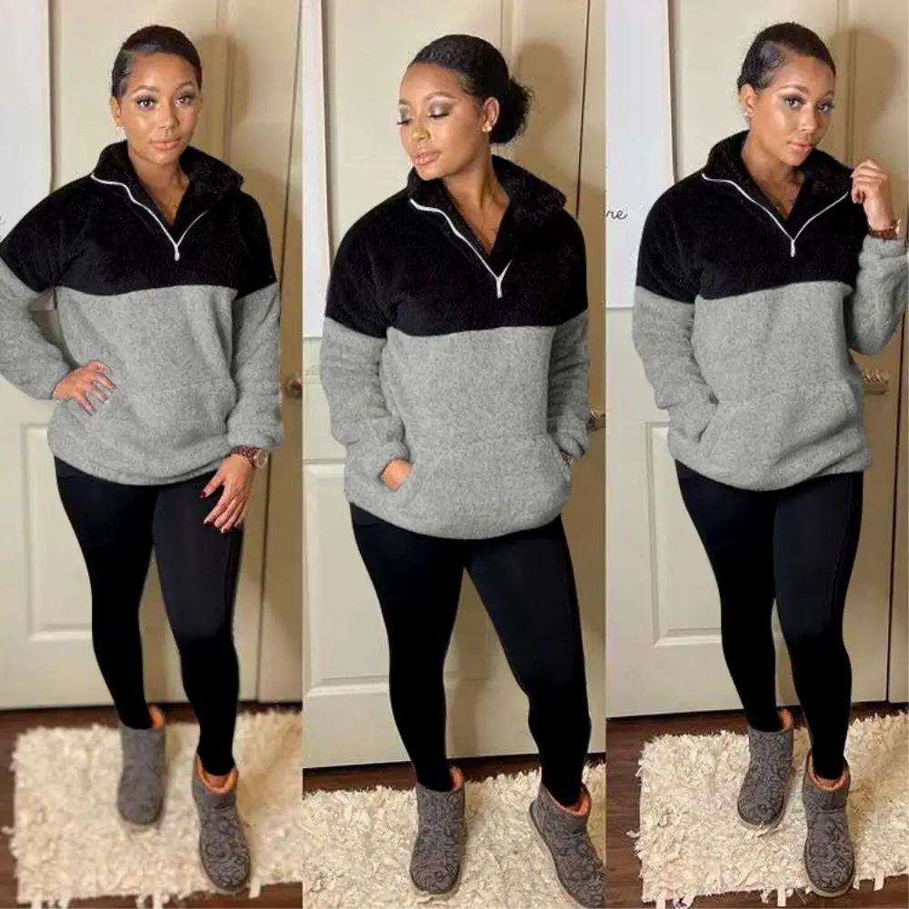 

Woman Double-sided Coral Velvet 2pcs Set Zipper Stand Collar Autumn Winter Velvet Thick Contrast Color Top+Solid Warm Long Pants