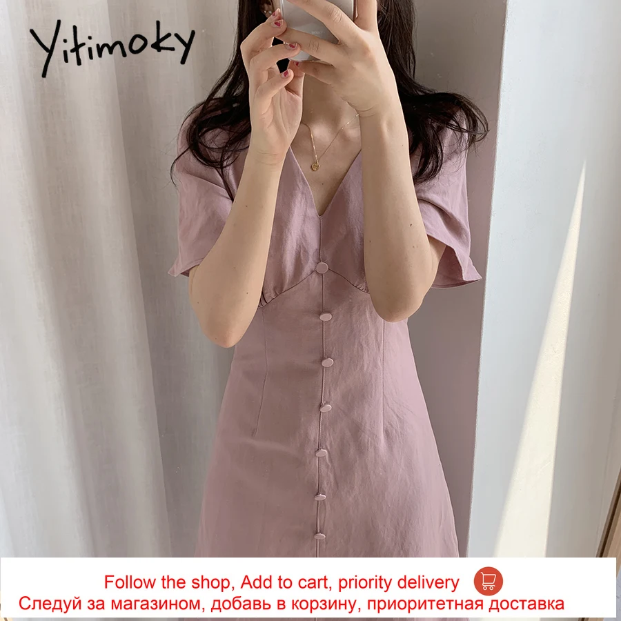 

Yitimoky Button Up Dresses Women Party Long Dress Plus Size Short Flare Sleeve V-Neck High Waist Elegant New Summer Casual