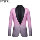 PYJTRL мужской свадебный стильный блейзер для жениха с отворотом шали градиентные цвета Блестящий розовый серый приталенный Блейзер для сцены певицы платье для выпускного костюма куртка