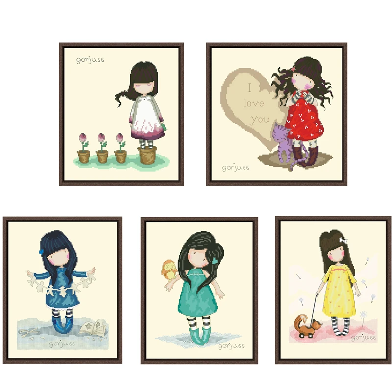 

Hand in hand cross stitch package cartoon girl 18ct 14ct 11ct light yellow fabric embroidery DIY handmade needlework