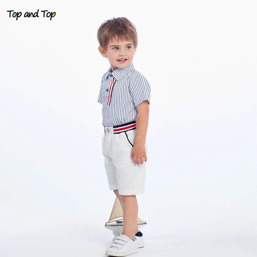 Топ и топ летний модный детский костюм для мальчиков блузка в полоску с коротким