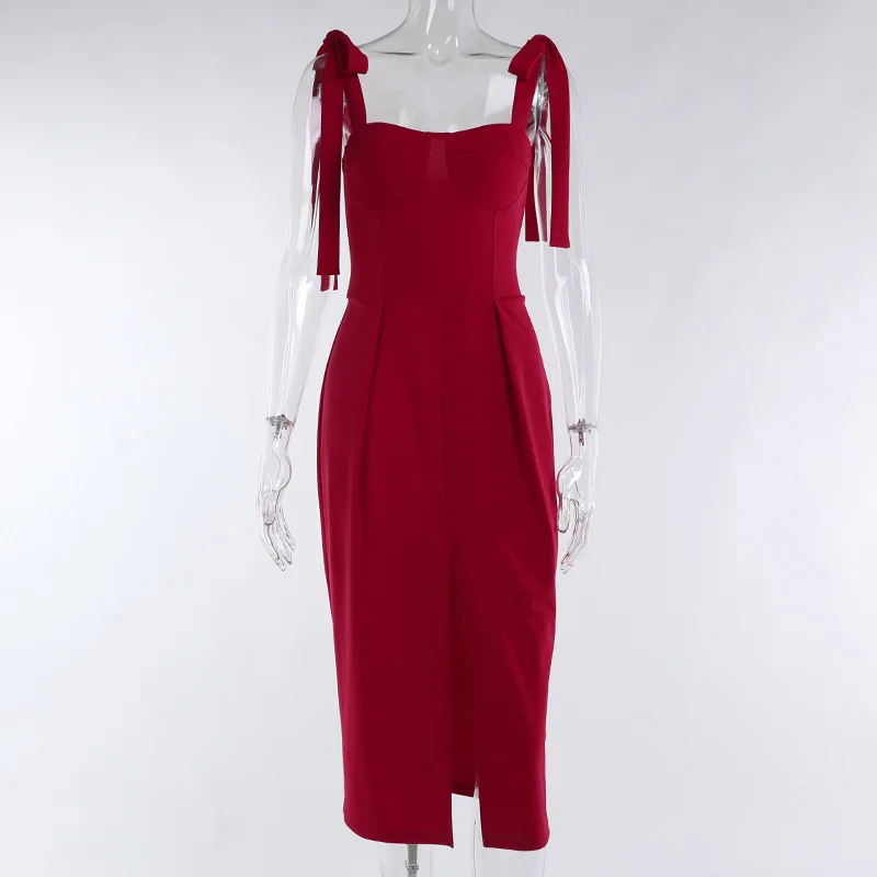 

Off Shoulder Straps Midi Dress Women 2021 Sleeveless Sexy Bodycon Party Elegant Bandage Dress Split White Red Sundress G2848