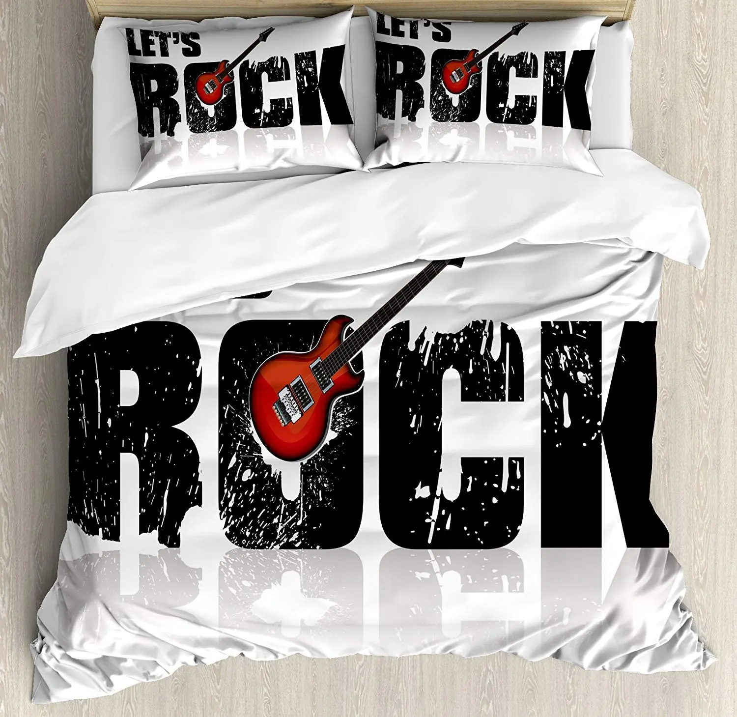 

Guitar Bedding Set Let's Rock Text with Grunge Looking Color Splashed Letters Music Fun Concert Duvet Cover Pillowcase for Home