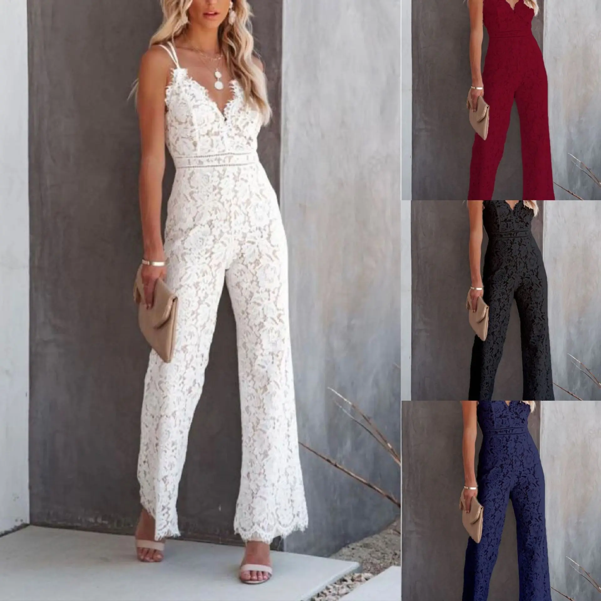The new Europe and the United States in the summer 2021 pure color lace stitching sleeveless leisure condole belt jumpsuits