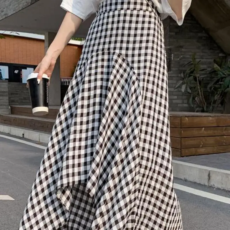 

2021 Summer Korean High Waist Thin Irregular Plaid Skirt New Casual Loose Street Cotton Women A-line Long Skirt Free Shipping