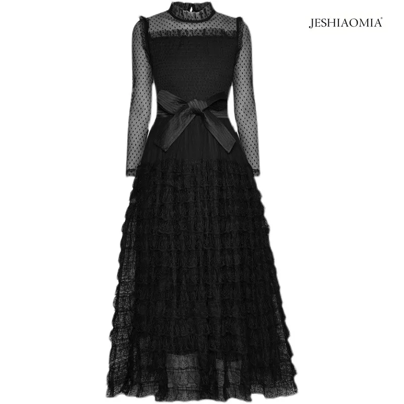 

2021 SPRING RUCHED HIGH NECK RUFFLE LACE TIERED BLACK DRESS