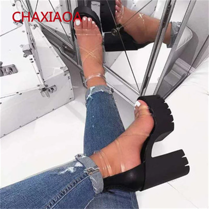 

CHAXIAOA Summer Platform sandals Woman PVC Transparent Buckle Strap Chunky High Heels Women Party Shoes Female Gladiator Sandals