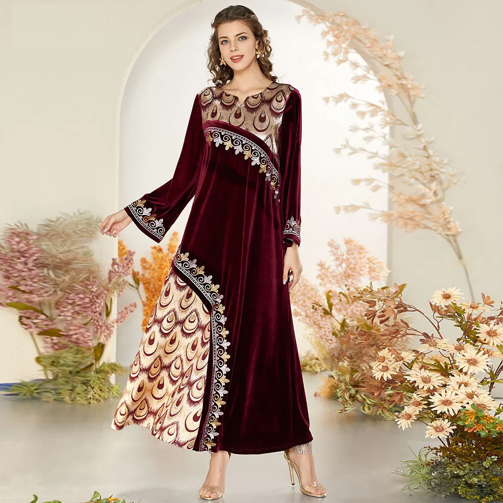 

Fashion Arab Embroidery Muslim Casual Jacquard Patchwork Velvet Large Swing Dress For Women Autumn Winter Elegant Long Dress New