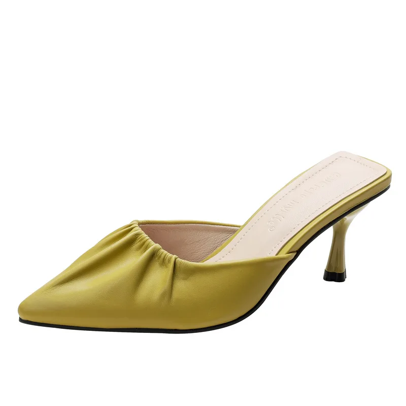 

Shoes Women Slippers Summer Pointed Toe Pantofle Thin Heels Heeled Mules Slides Fashion Soft Cover 2021 High Luxury Rubber Rome