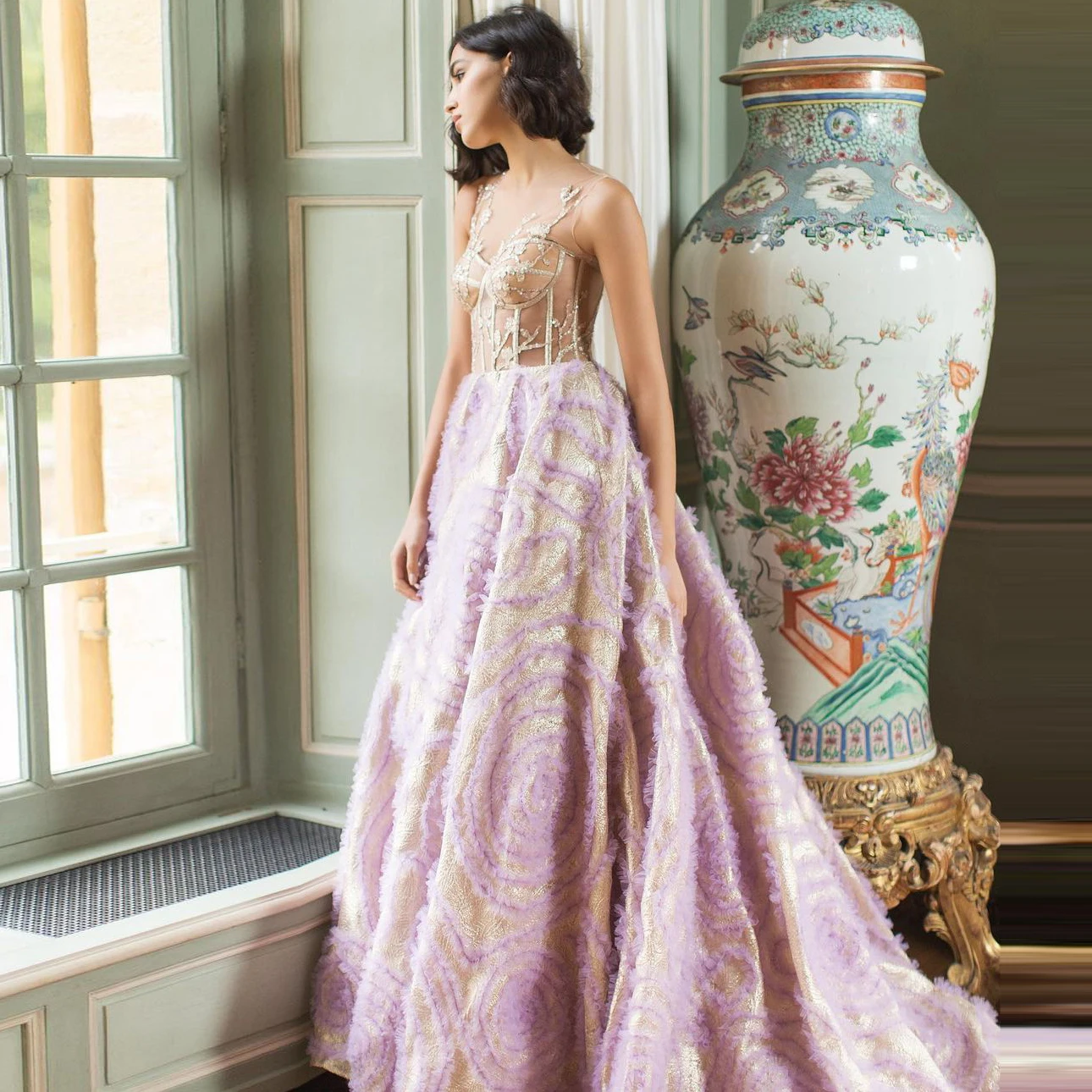 

See-Through O-neck Applique Tulle Dress Sparkly Evening Dresses Purple Ruffles Prom Dress Luxury A-line Formal Gowns With Train