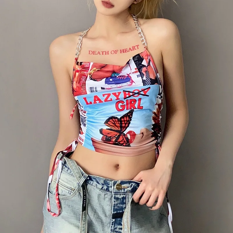 

ZTONE Tank Top Backless Short Clothes Y2K Summer Multi-color Bandage Butterfly Top Sexy Summer Tops Vintage Womens Lace Up