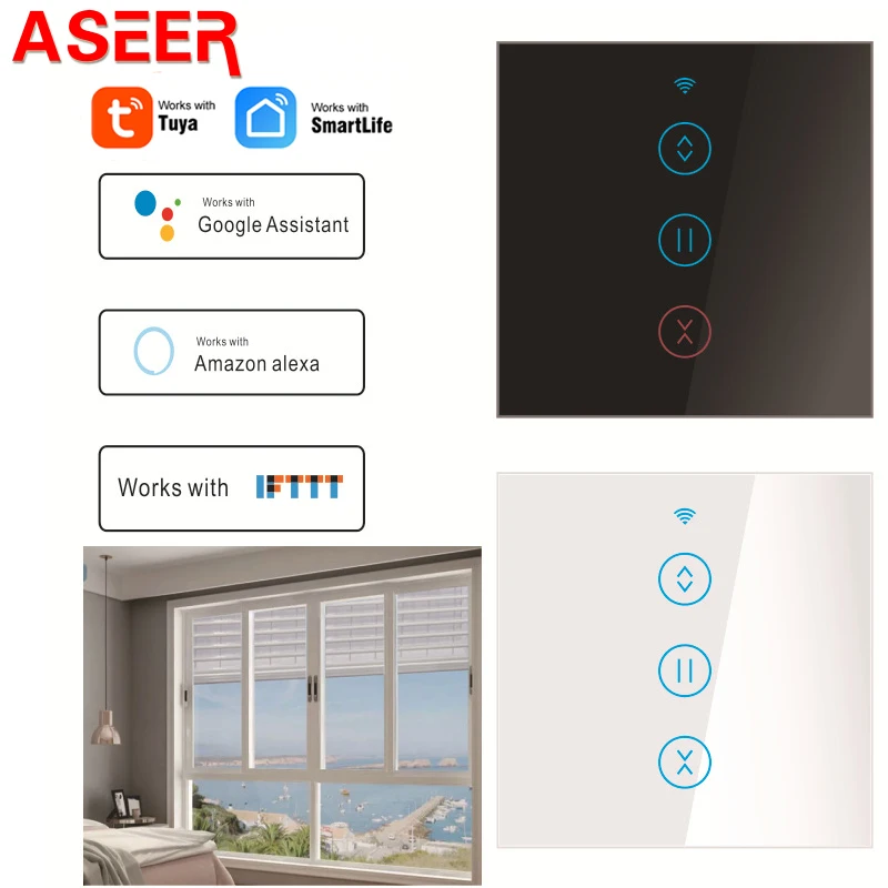 

ASEER Tuya WiFi EU Smart Curtain Blind Switch for Roller Shutter Electric Cutain motor motorized blinds Voice Control by Alexa