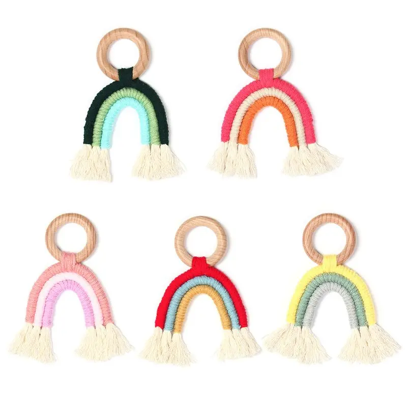 

Baby Teething Wooden Ring Rainbow Tassel Macrame Cotton Boho Newborn Nursing Teether Toy Shower Gift