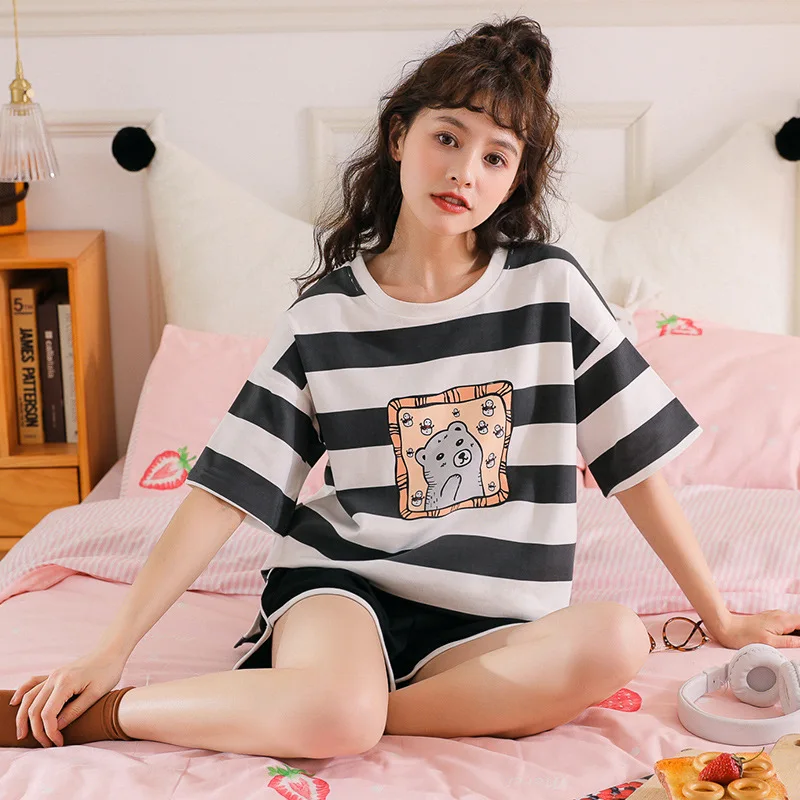 

Summer Black And White Checkered Stripes Home Clothes Cute Casual Women Sleep Tops Cartoon Cotton Sleepwear Women's Pajamas Set