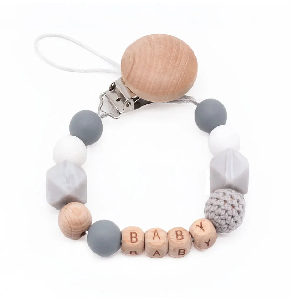 Персонализированная Детская Соска с именем клипса из силикона Буковые бусины