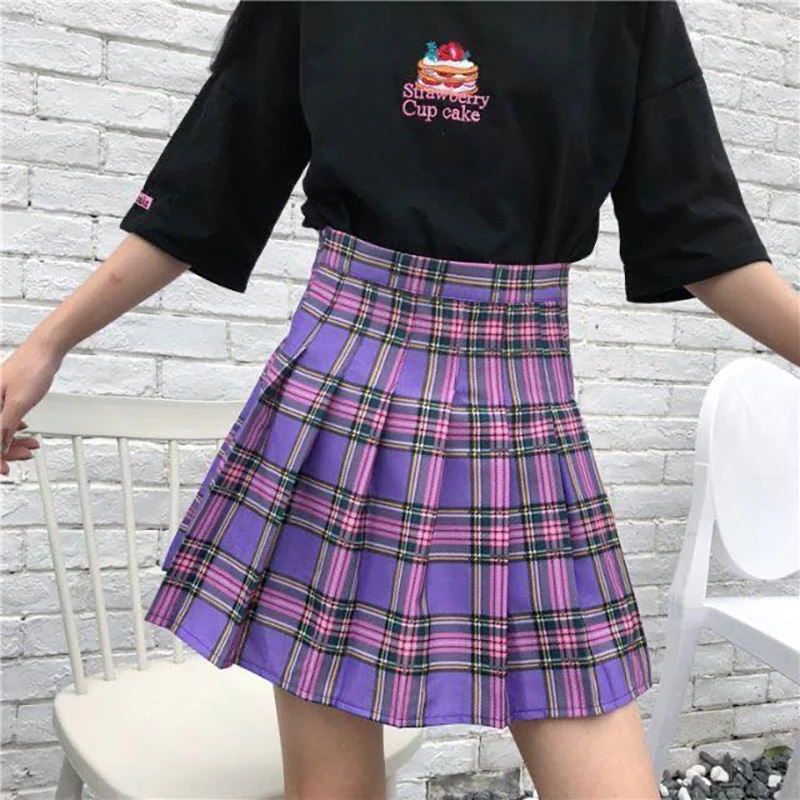 

S 2XL New School Skirts Harajuku Purple Plaid High Waist Pleated Skirt Female Cute Mini Women Skirt Preppy Style Summer Skirt