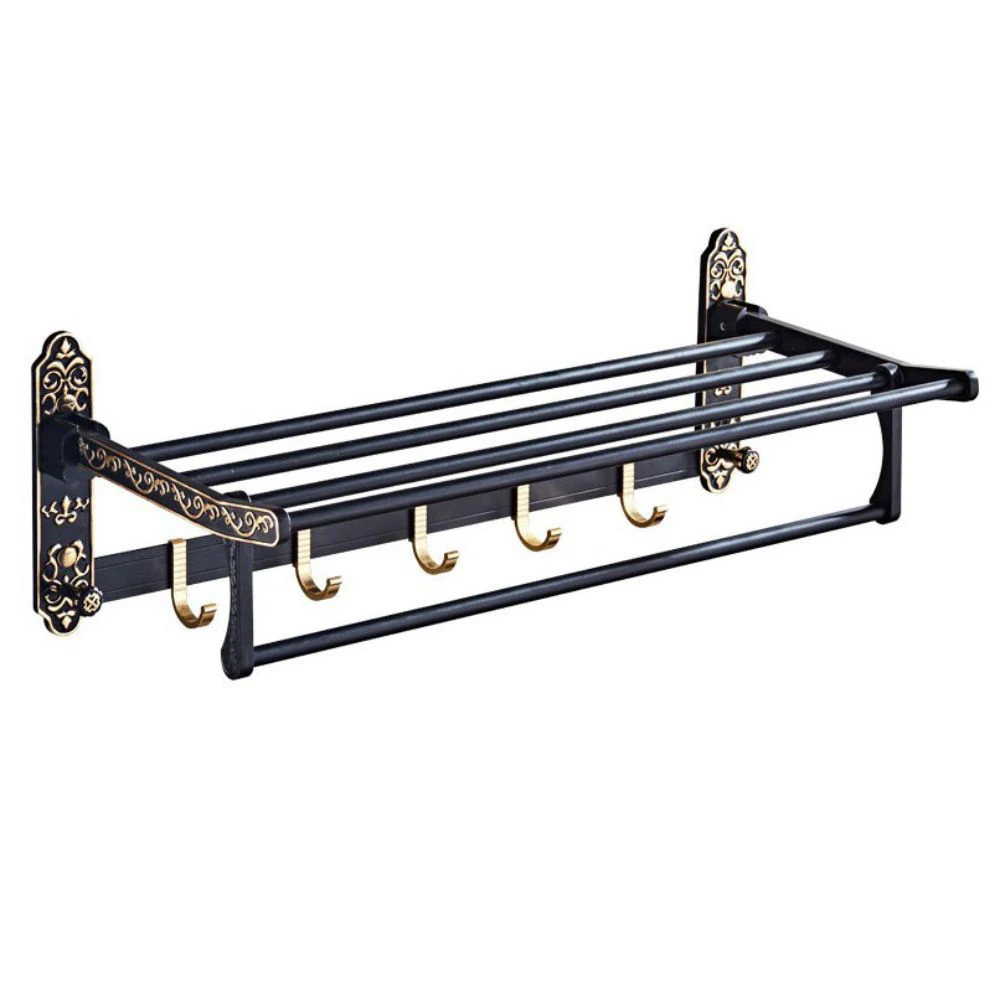 

Black European Retro Bath Towel Rack Aluminum Toilet Holder Shelf Fold With Hook Colthes Organizer Hanger Bathroom Accessories