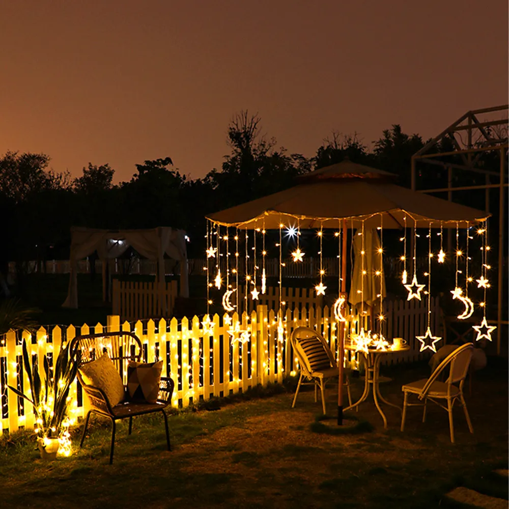 123LED солнечный светильник Фея Луна Звезды Шторы с пультом дистанционного