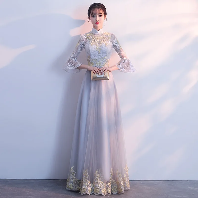 

2021 для женщин в винтажном стиле Улучшенная китайский Стиль Cheongsam Высокое качество серого цвета с кружевом и вышивкой с воротником «Мандарин...