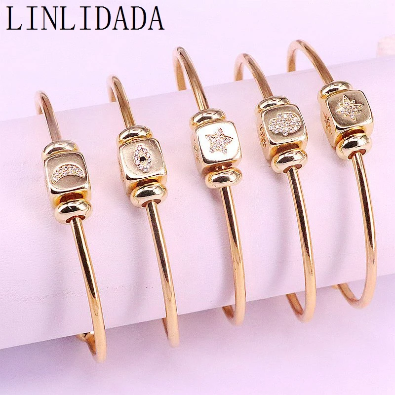 5Pcs New Trendy Gold Color Jewelry Micro Pave CZ Square Shape Beads Cubic Zirconia Women Cuff Bangles Bracelets | Украшения и