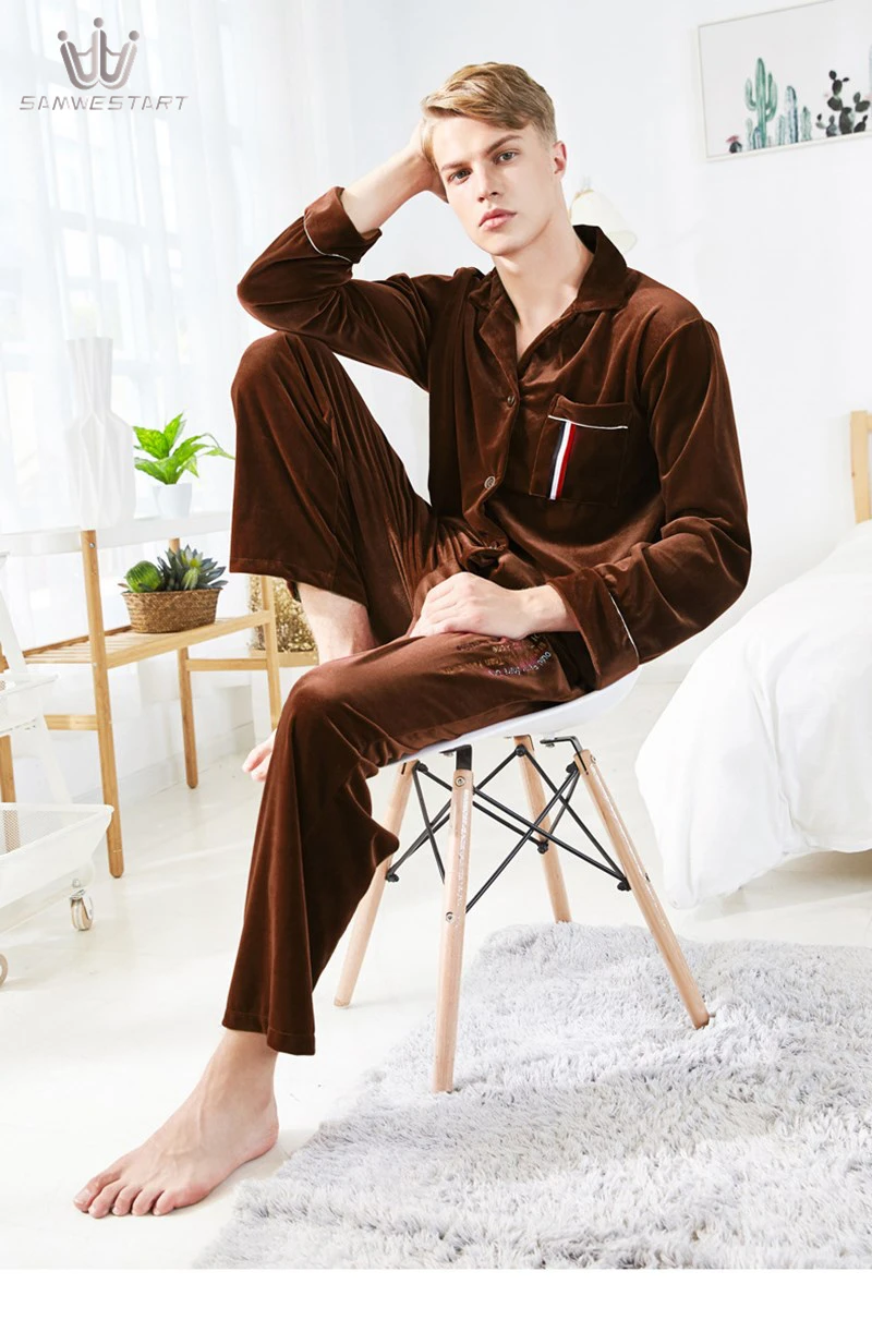 Пижамный комплект SAMWESTART мужской шелковый однотонная зимняя пижама с золотым