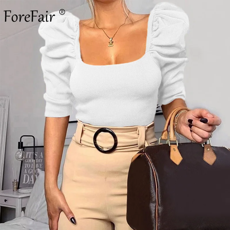 Forefair винтажный буф с рукавом женская блузка квадратным вырезом в Корейском стиле