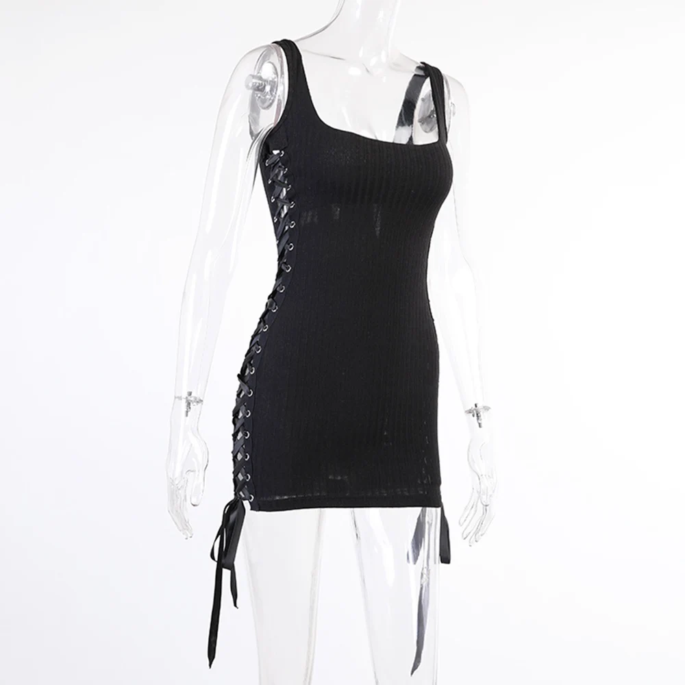 

Missme 2021 Summer Tank Dress Double Side Bandage Bodycon Dresses Square Neck Hollow Out Sexy Party Mini Dress Streetwear