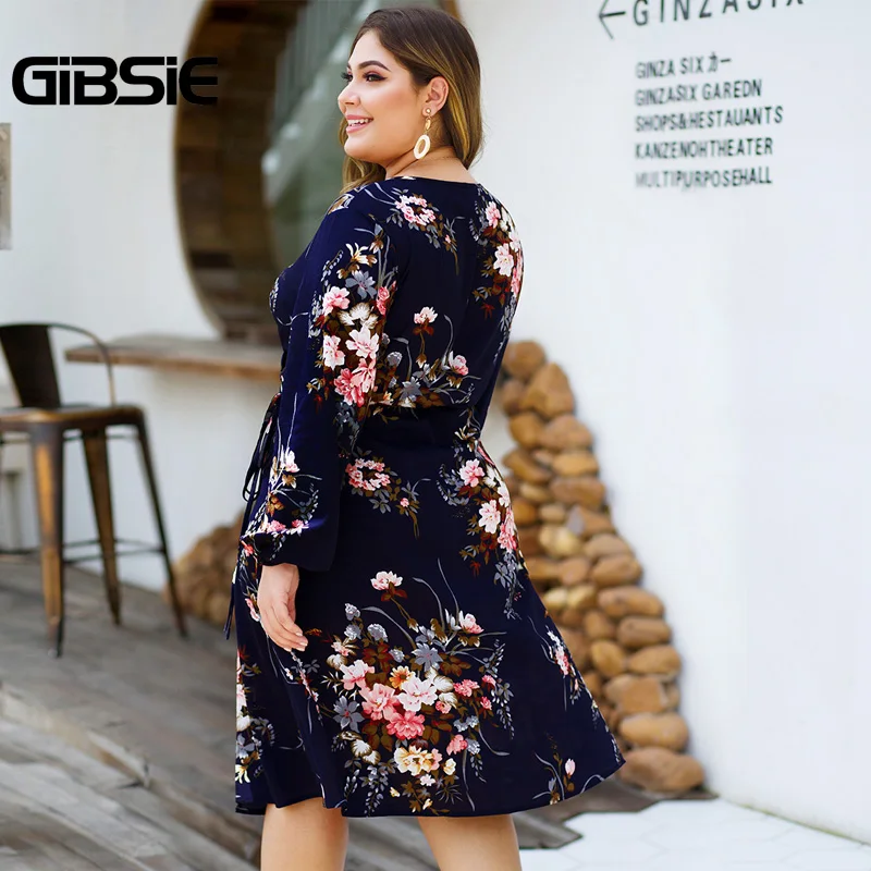 GIBSIE плюс размер цветочный принт с высокой талией платья для женщин v-образным