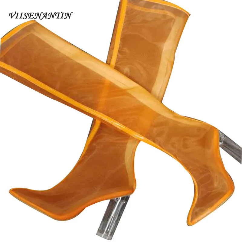 

European and American Cystal Mesh Pointed Toe High Heel Over-the-knee Transparent Sexy Boots Fashion Shoes 2020 Women Shoes