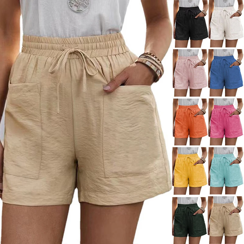 Newest Summer Woman Shorts Casual Acrylic + Flax Blended Pocket Solid Color Plus Size High Waist Wide Leg Pants Drawstring Short