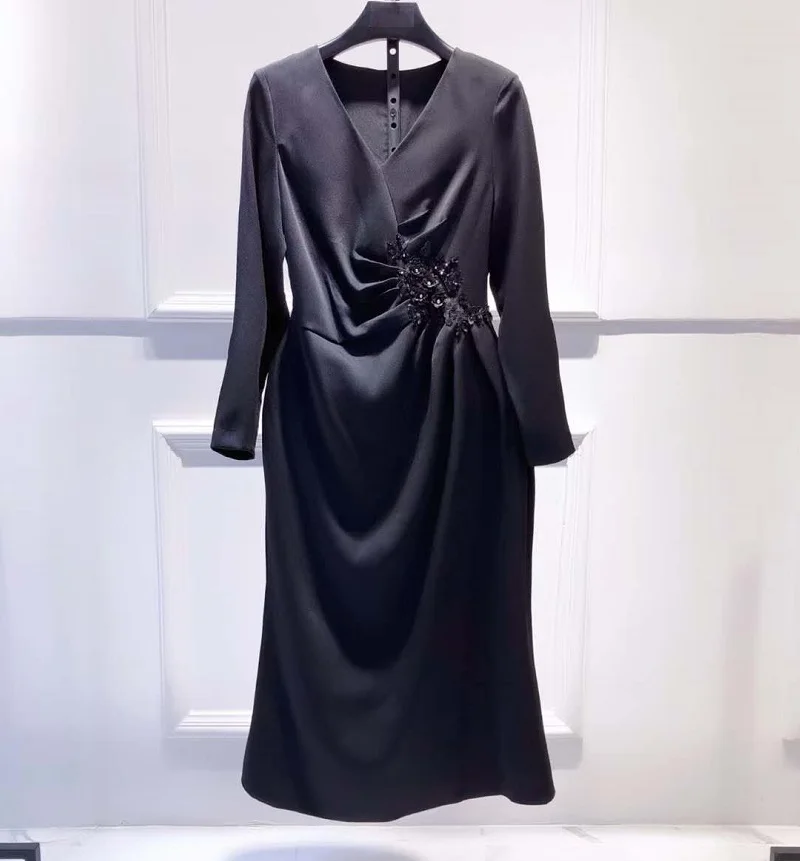 

XXL Dress Vestidos De Fiesta 2021 Spring Party Event Women V-Neck Hand Made Beading Long Sleeve Midi Red Pink Purple Black Dress